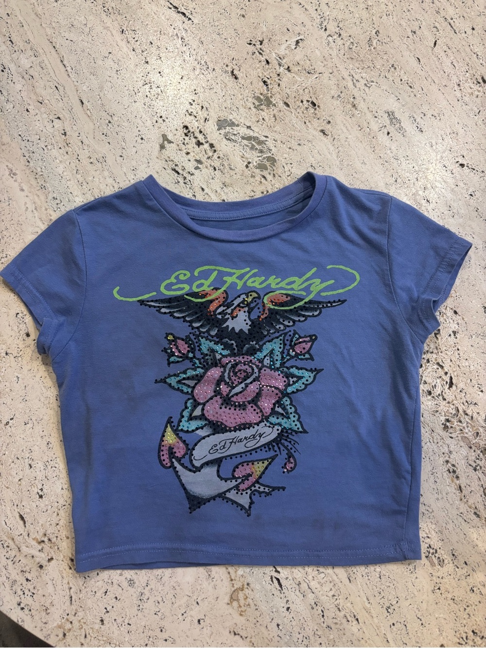 Ed Hardy Blue Short Sleeve Tee with Pink Rose & Neon Green Logo